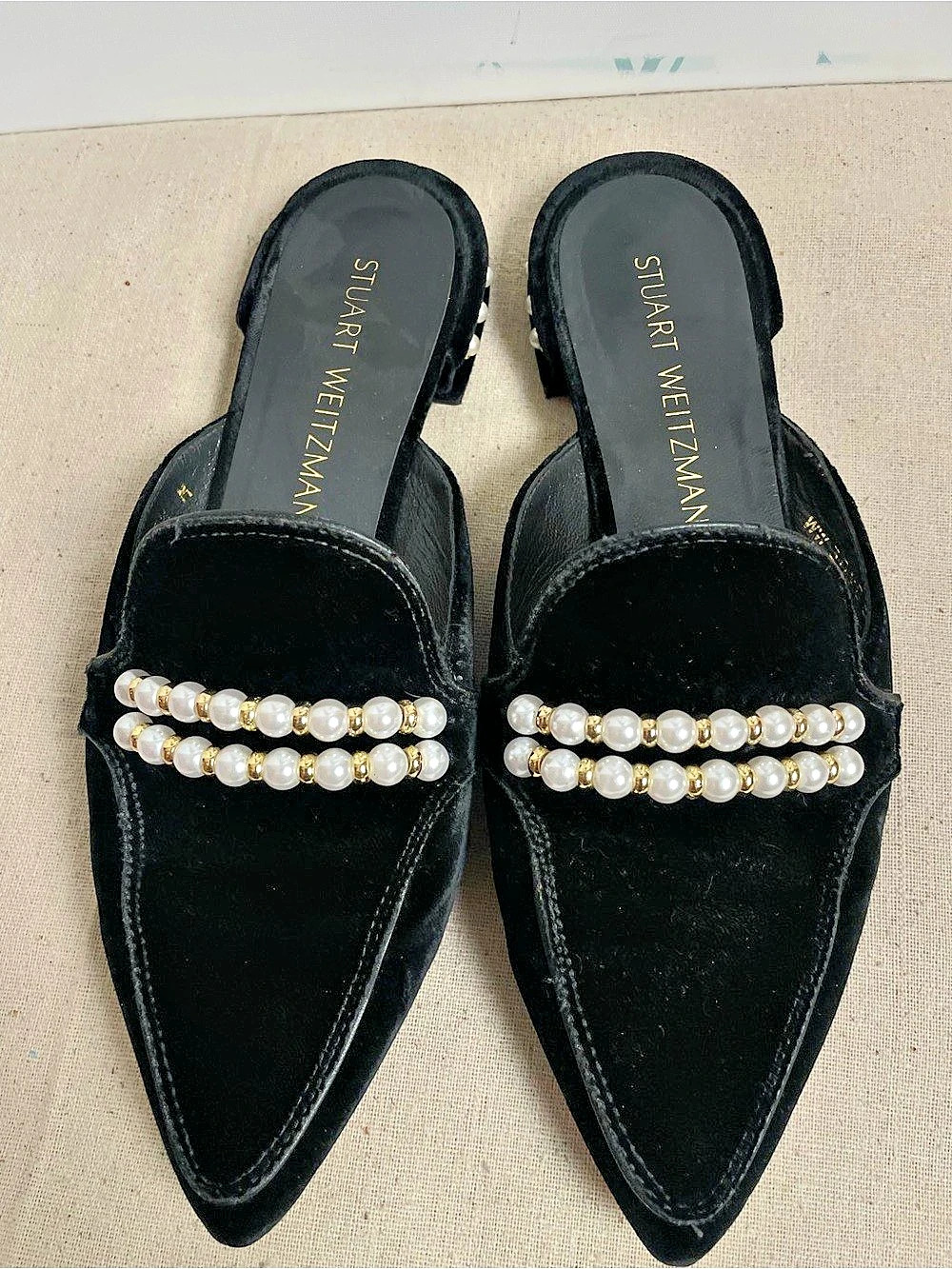 Stuart Weitzman Pearl Embellished Black Mules US 8